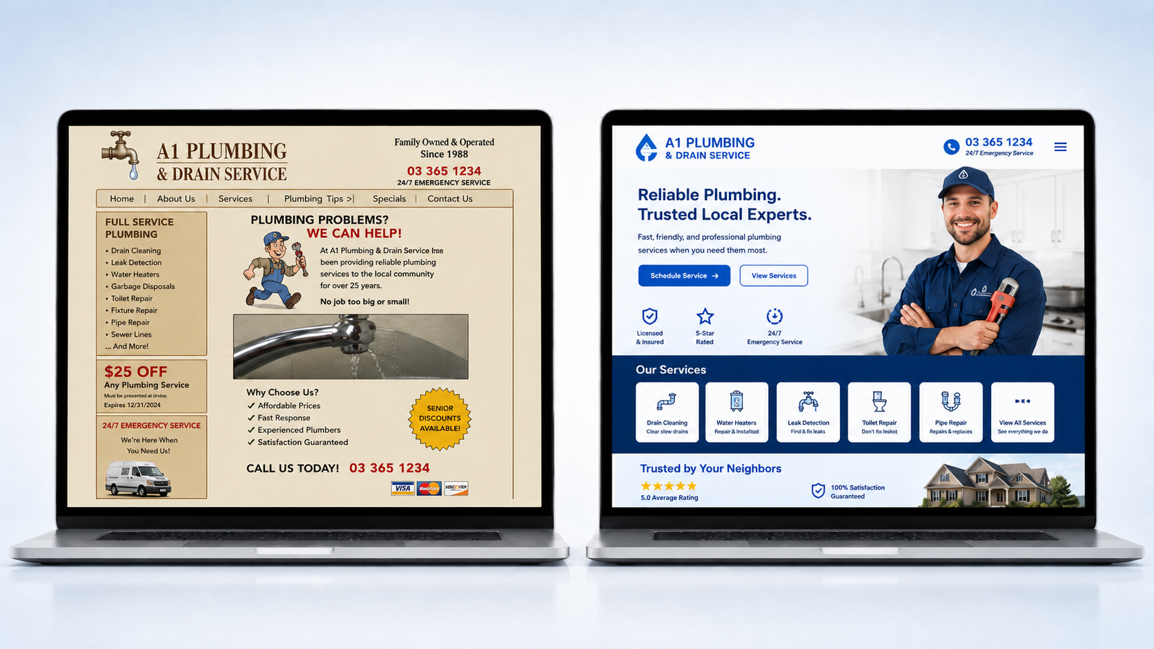 Before and after comparison of a dated business website and its modern redesign