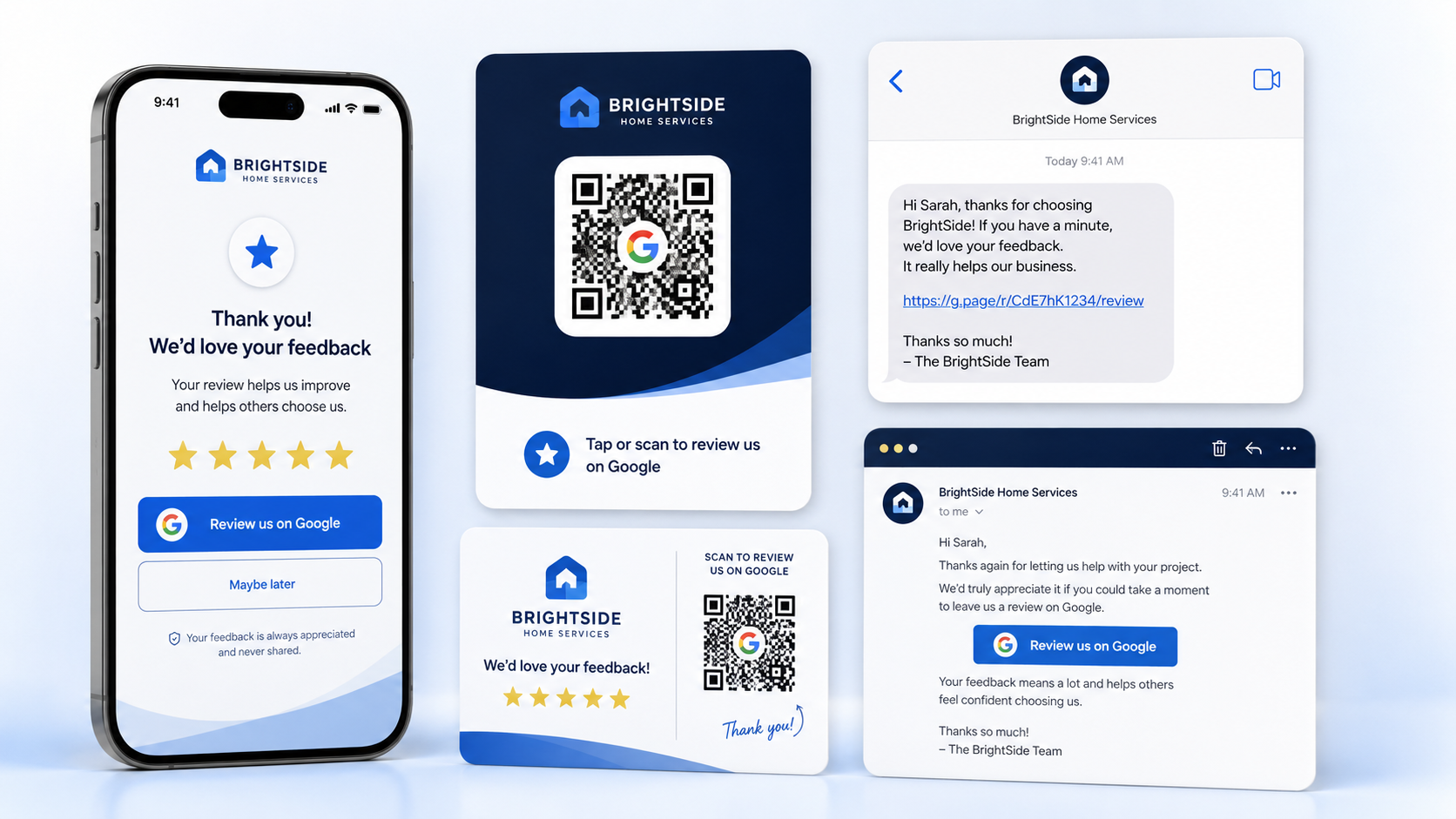 Google Review Growth Kit: review link page, QR code card, SMS and email requests