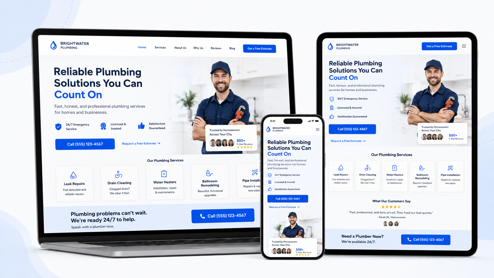 Responsive business website displayed on laptop, tablet and phone