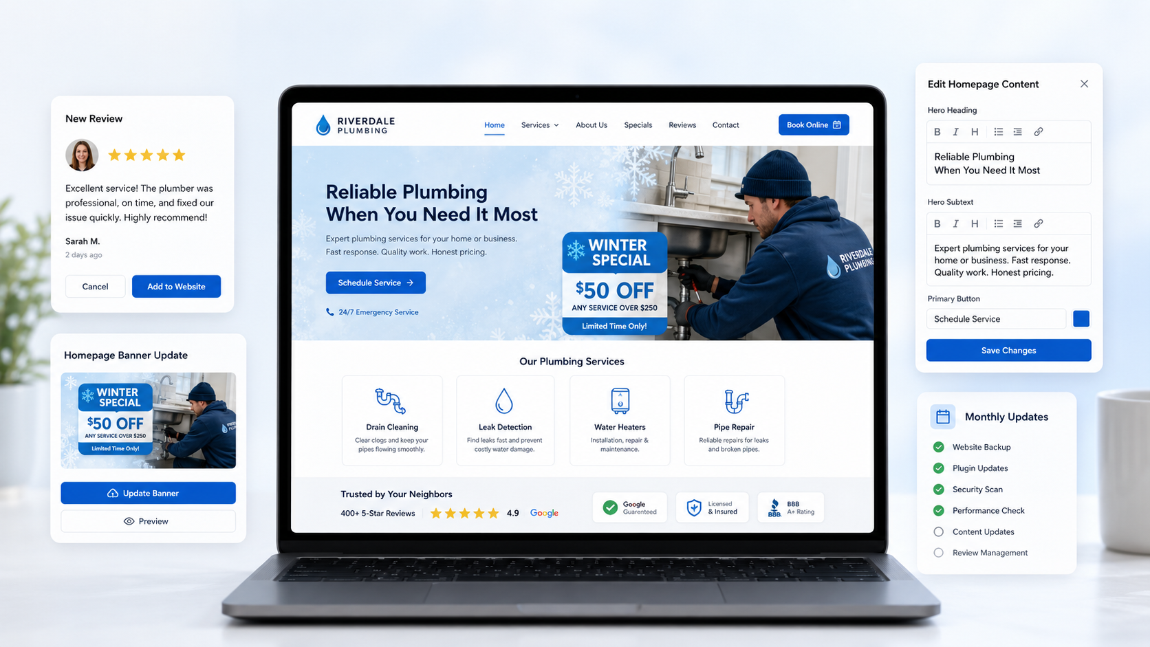 Monthly website updates: new reviews, seasonal banners and maintenance checks